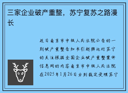 三家企业破产重整，苏宁复苏之路漫长