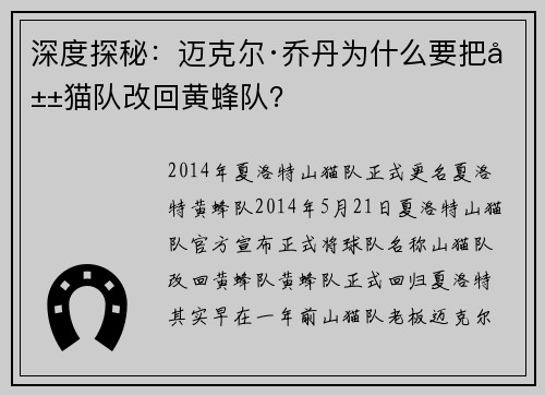 深度探秘：迈克尔·乔丹为什么要把山猫队改回黄蜂队？