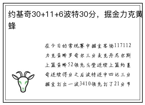 约基奇30+11+6波特30分，掘金力克黄蜂